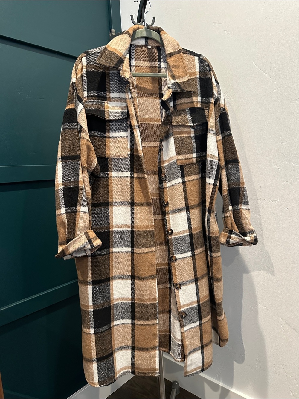 Long Plaid Shacket Coat in Camel, Black & White with POCKETS